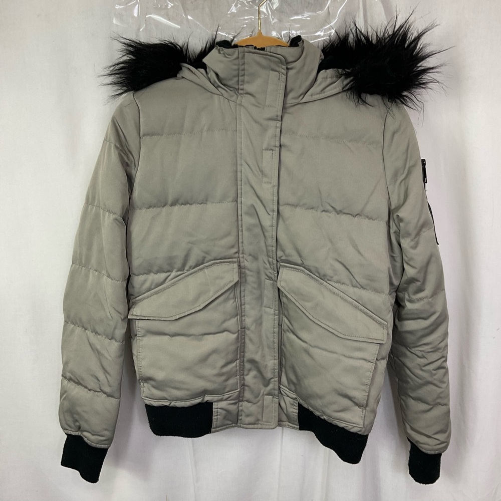 Hollister Gray Black Faux Fur Trim Hooded Ultimate Puffer Bomber Jacket Size S - Picture 7 of 15
